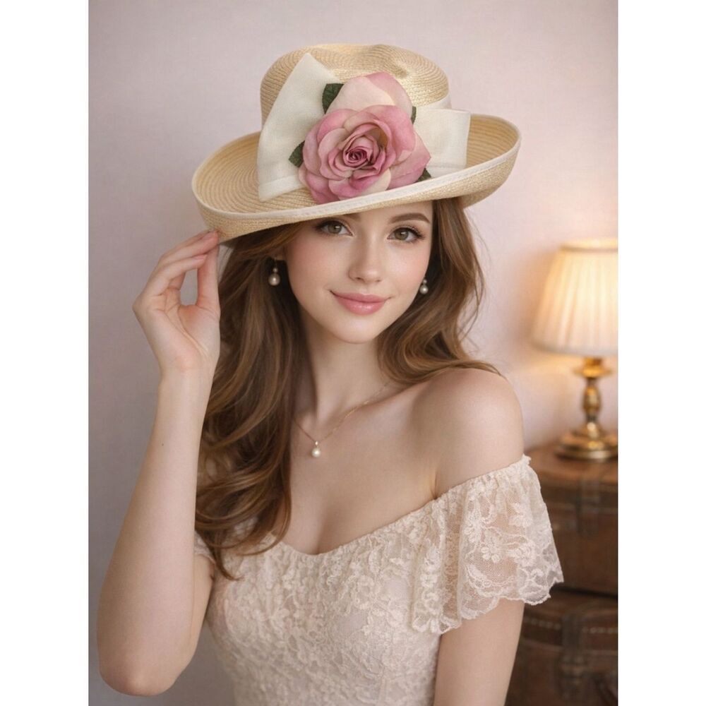 Vintage Plaza Suite Tan and Cream Hat with Pink FlowerAccent Kentucky Derby